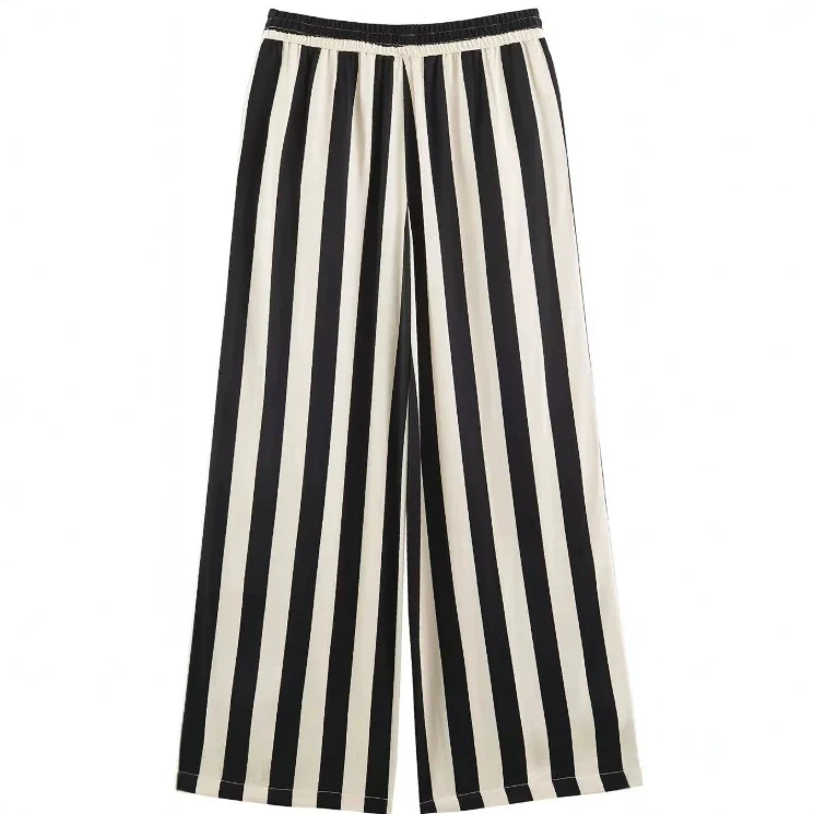 Damen Weite High‑Waist Palazzohose mit vertikalem Streifenmuster und elastischem Bund Drune