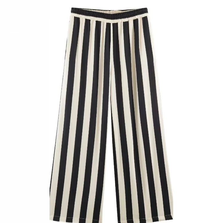 Damen Weite High‑Waist Palazzohose mit vertikalem Streifenmuster und elastischem Bund Drune