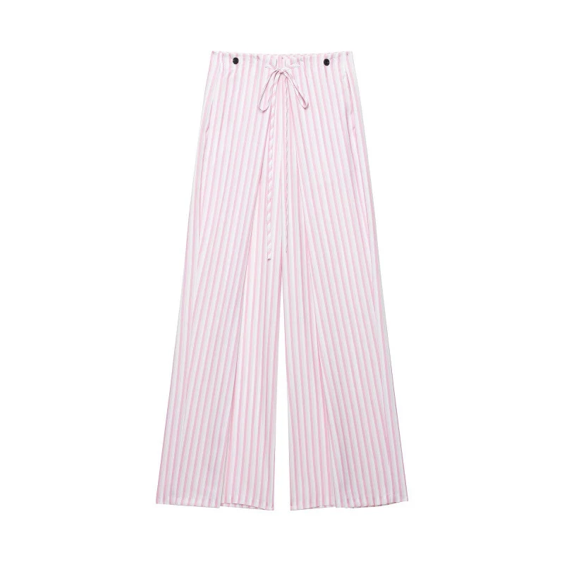 Damen Weite High‑Waist Palazzohose mit Tunnelzug und feinem Streifenmuster Drune