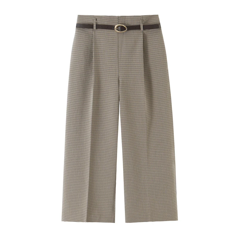Damen Weite High-Waist-Hose mit Bügelfalte und schmalem Gürtel Drune