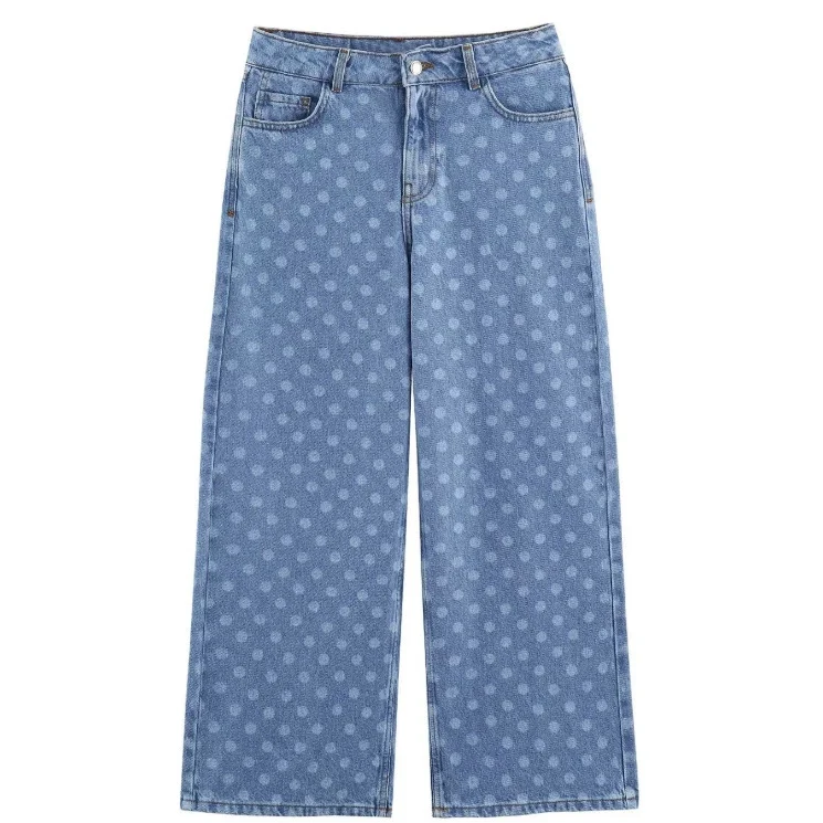 Damen Weite High‑Waist Culotte-Jeans mit verkürztem Bein und tonalem Punktemuster Drune