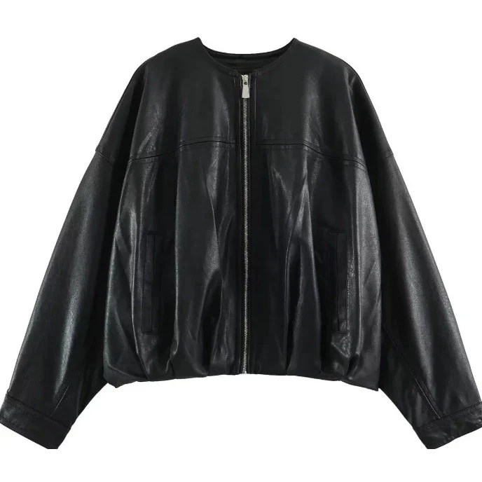 Damen Weit geschnittene Cropped-Bomberjacke aus Kunstleder mit Rundhalsausschnitt Drune