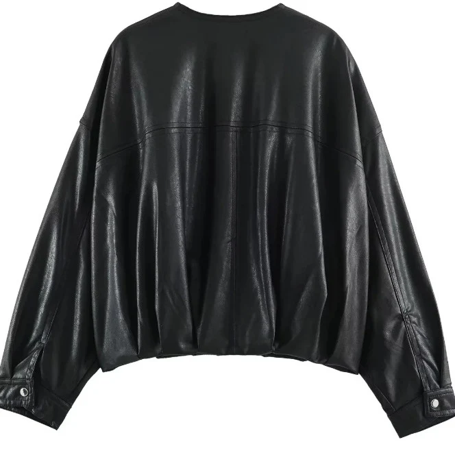 Damen Weit geschnittene Cropped-Bomberjacke aus Kunstleder mit Rundhalsausschnitt Drune