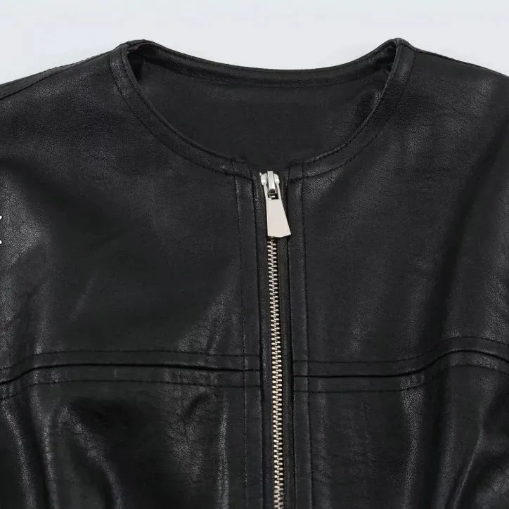 Damen Weit geschnittene Cropped-Bomberjacke aus Kunstleder mit Rundhalsausschnitt Drune