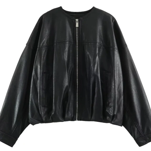 Damen Weit geschnittene Cropped-Bomberjacke aus Kunstleder mit Rundhalsausschnitt Drune