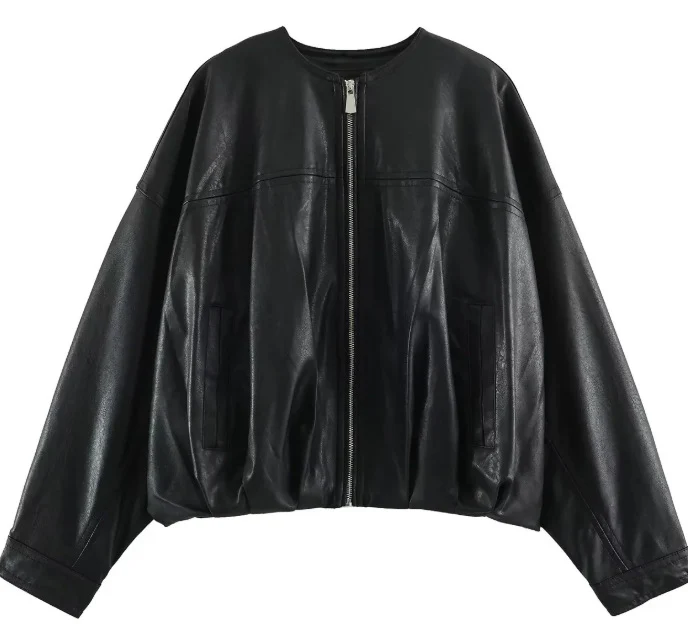 Damen Weit geschnittene Cropped-Bomberjacke aus Kunstleder mit Rundhalsausschnitt Drune