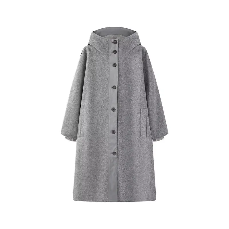 Damen Weicher Oversize Wollmix‑Mantel mit Kapuze und durchgehender Knopfleiste Drune