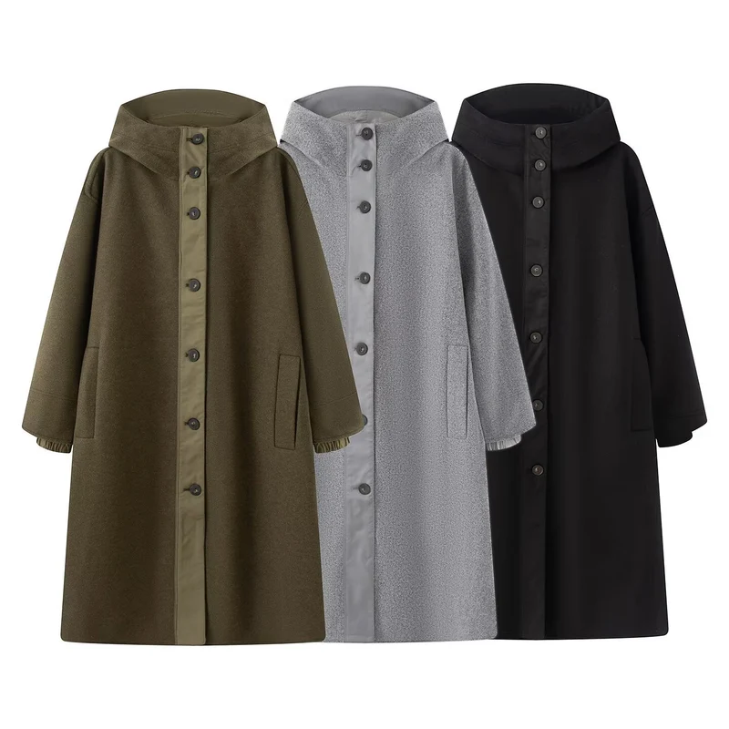 Damen Weicher Oversize Wollmix‑Mantel mit Kapuze und durchgehender Knopfleiste Drune