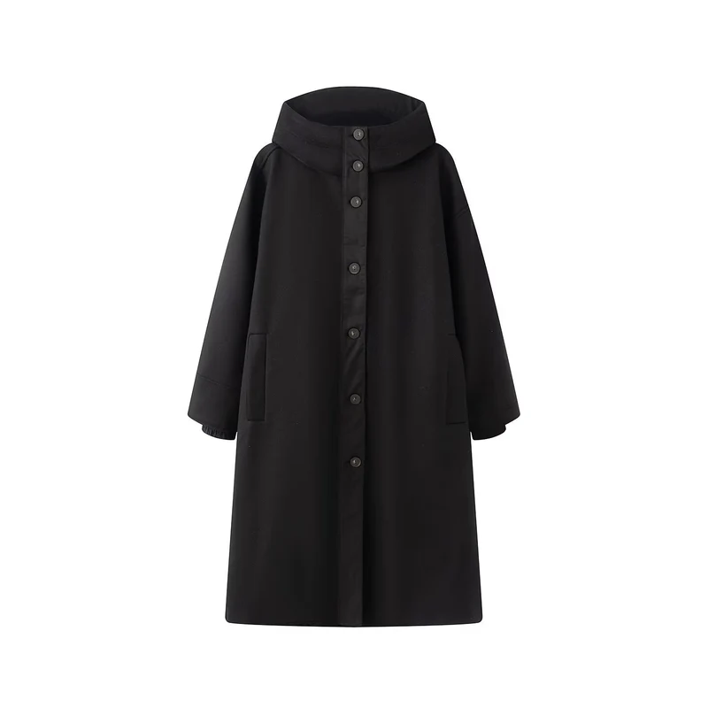 Damen Weicher Oversize Wollmix‑Mantel mit Kapuze und durchgehender Knopfleiste Drune