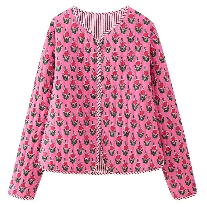 Damen Wattierte Jacke mit Blumenprint und gestreiften Paspeln Drune