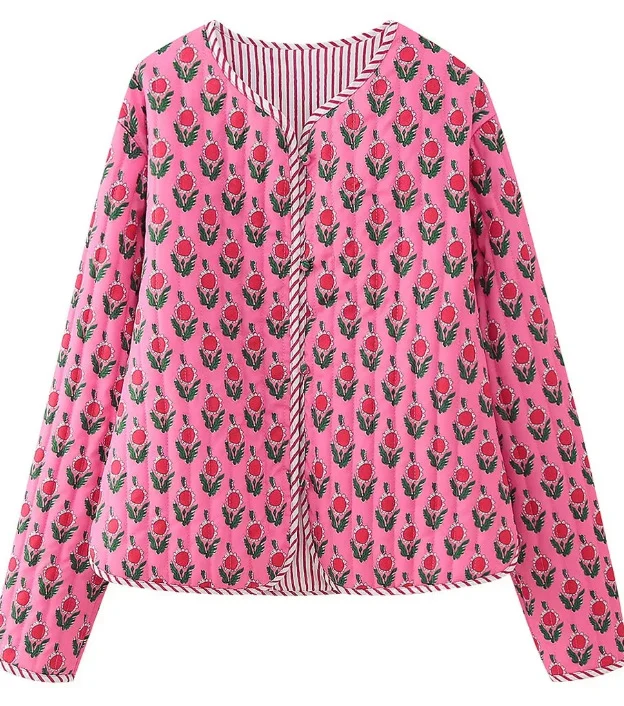 Damen Wattierte Jacke mit Blumenprint und gestreiften Paspeln Drune