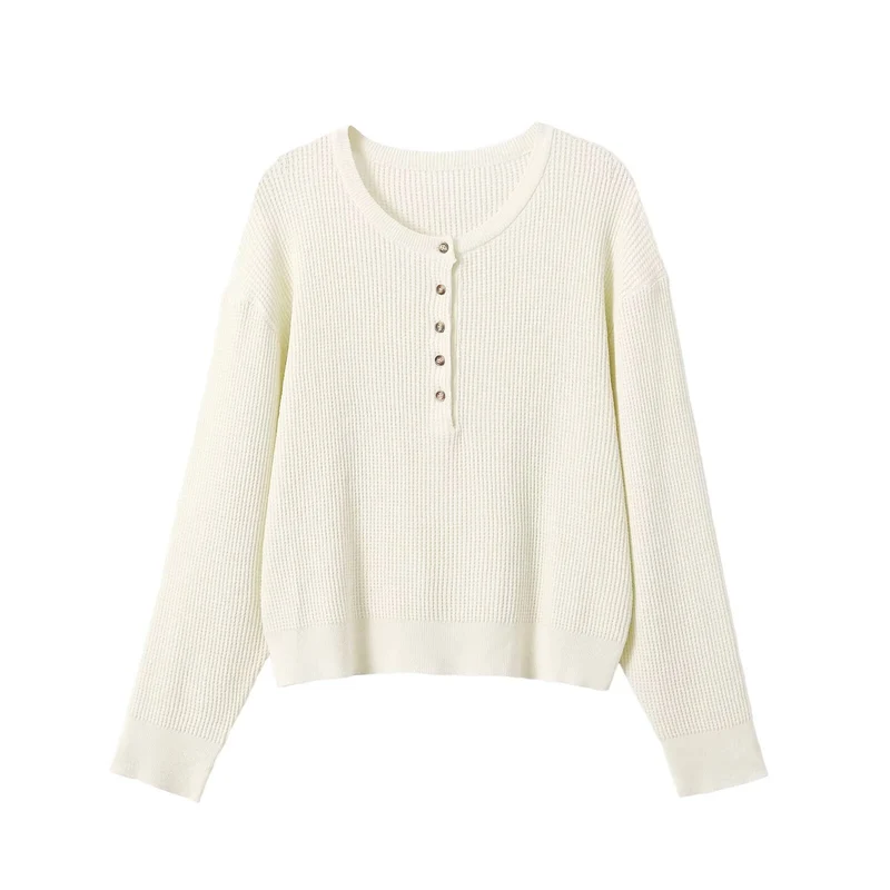 Damen Waffelstrick-Pullover mit halber Knopfleiste, Rundhals und entspanntem Oversize-Schnitt Drune