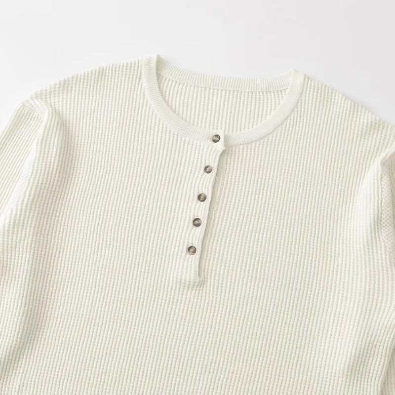 Damen Waffelstrick-Pullover mit halber Knopfleiste, Rundhals und entspanntem Oversize-Schnitt Drune