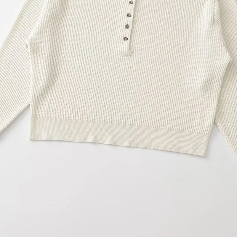 Damen Waffelstrick-Pullover mit halber Knopfleiste, Rundhals und entspanntem Oversize-Schnitt Drune