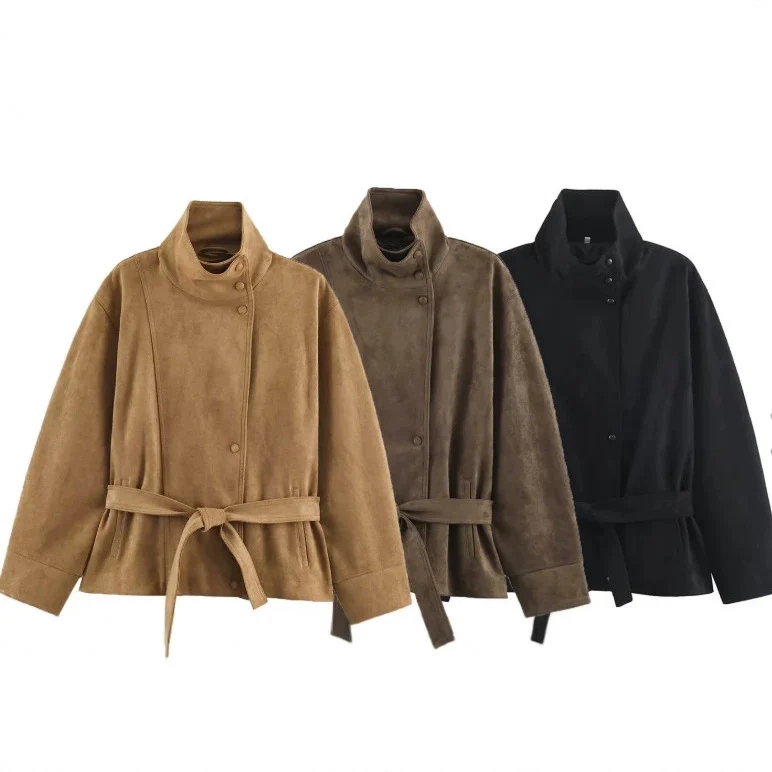 Damen Veloursleder-Optikjacke mit hohem Stehkragen und Taillengürtel Drune