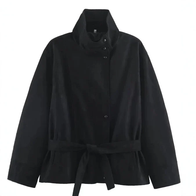 Damen Veloursleder-Optikjacke mit hohem Stehkragen und Taillengürtel Drune