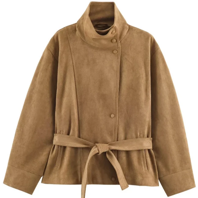 Damen Veloursleder-Optikjacke mit hohem Stehkragen und Taillengürtel Drune