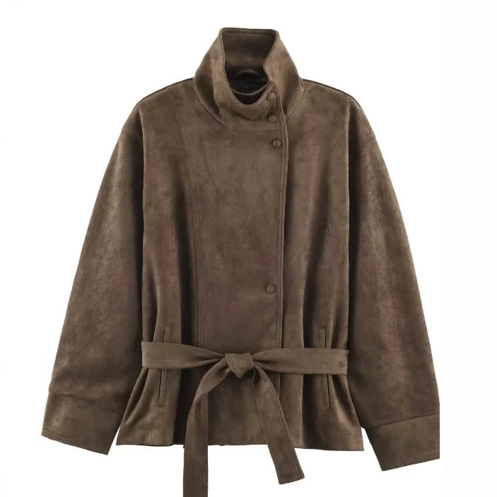 Damen Veloursleder-Optikjacke mit hohem Stehkragen und Taillengürtel Drune