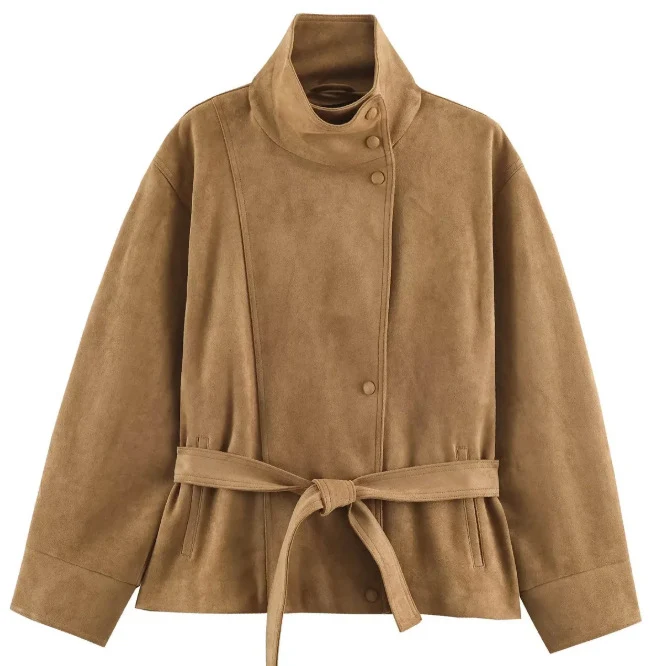 Damen Veloursleder-Optikjacke mit hohem Stehkragen und Taillengürtel Drune