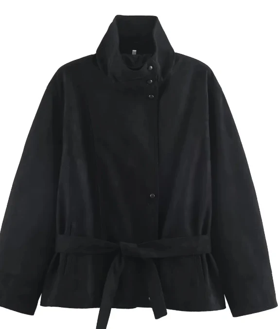 Damen Veloursleder-Optikjacke mit hohem Stehkragen und Taillengürtel Drune