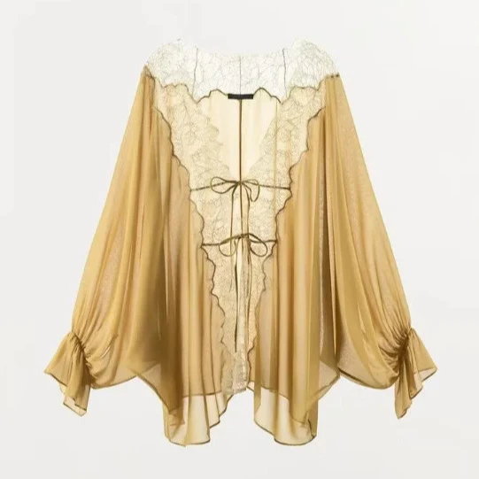 Damen Transparenter Chiffonkimono mit Spitzenbesatz und Volumenärmeln Drune