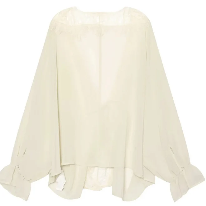 Damen Transparenter Chiffonkimono mit Spitzenbesatz und Volumenärmeln Drune