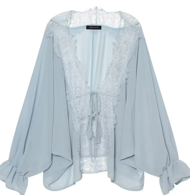 Damen Transparenter Chiffonkimono mit Spitzenbesatz und Volumenärmeln Drune