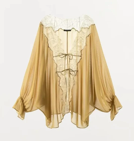 Damen Transparenter Chiffonkimono mit Spitzenbesatz und Volumenärmeln Drune