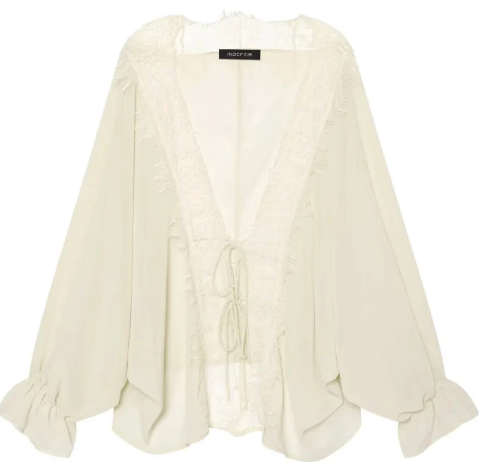 Damen Transparenter Chiffonkimono mit Spitzenbesatz und Volumenärmeln Drune