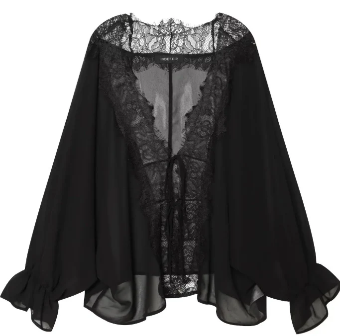 Damen Transparenter Chiffonkimono mit Spitzenbesatz und Volumenärmeln Drune