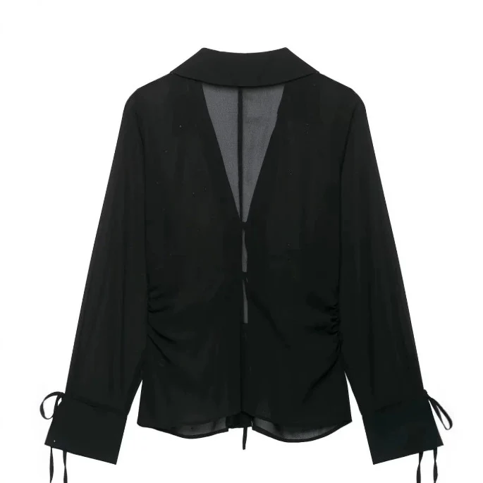 Damen Transparente V‑Ausschnitt Bluse mit Bindebändern und Schmuckstein‑Applikation Drune