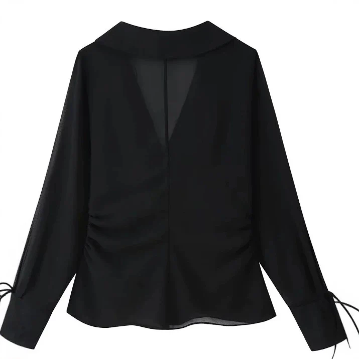 Damen Transparente Chiffonbluse mit Steinbesatz, Bindebändern und V‑Ausschnitt Drune
