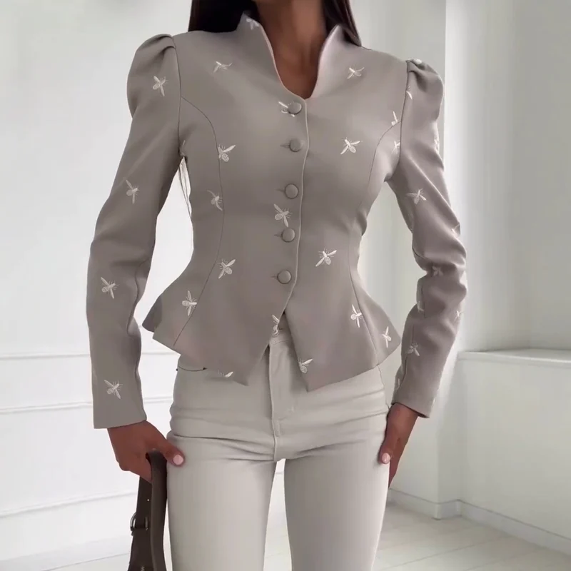 Damen Taillierter Peplum‑Blazer mit geschwungenem Stehkragen und Puffschulter‑Details Drune