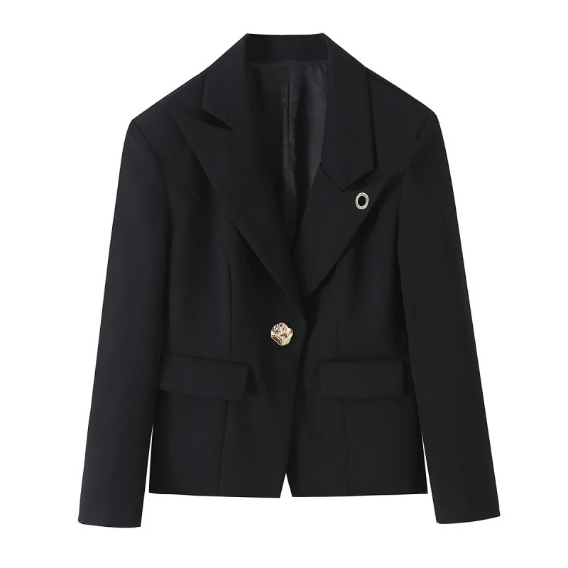 Damen Taillierter Kurzblazer mit asymmetrischem Schmuckknopf und Pattentaschen Drune