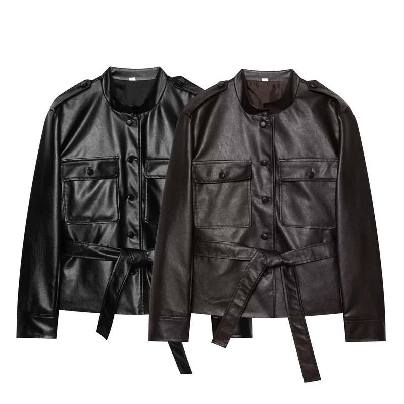 Damen Taillierter Kunstleder‑Blousonjacke mit Bindegürtel, Pattentaschen und Stehkragen Drune
