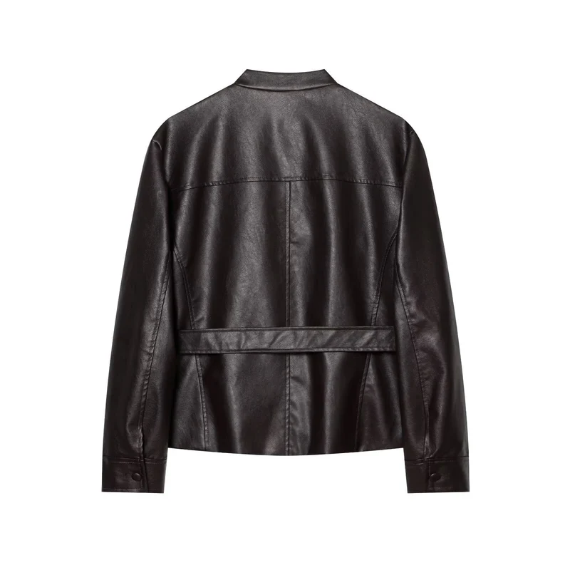 Damen Taillierter Kunstleder‑Blousonjacke mit Bindegürtel, Pattentaschen und Stehkragen Drune
