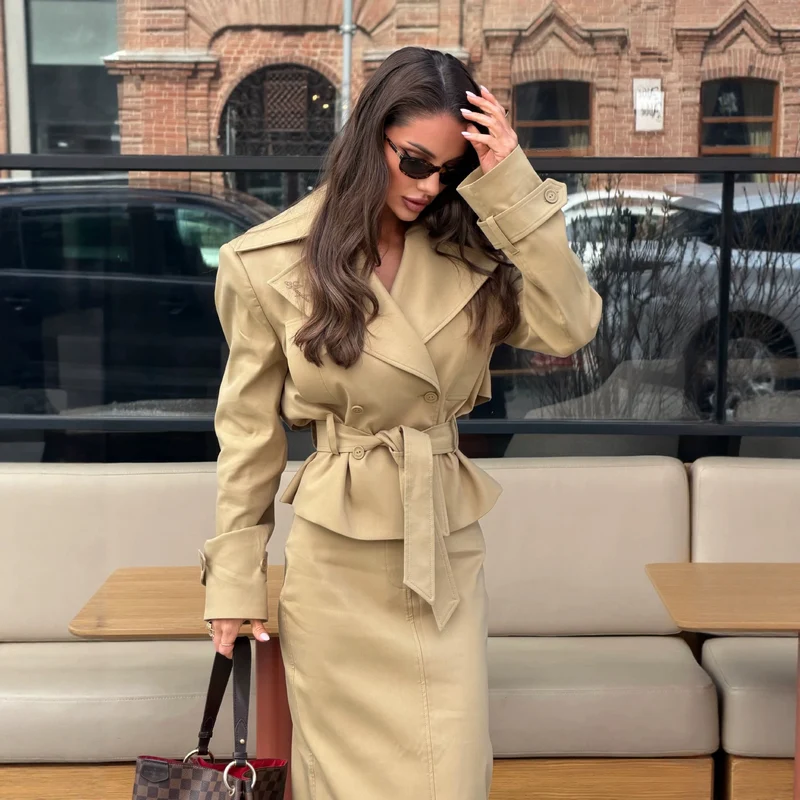 Damen Taillierter Cropped‑Trench mit Schößchen und Bindegürtel Drune