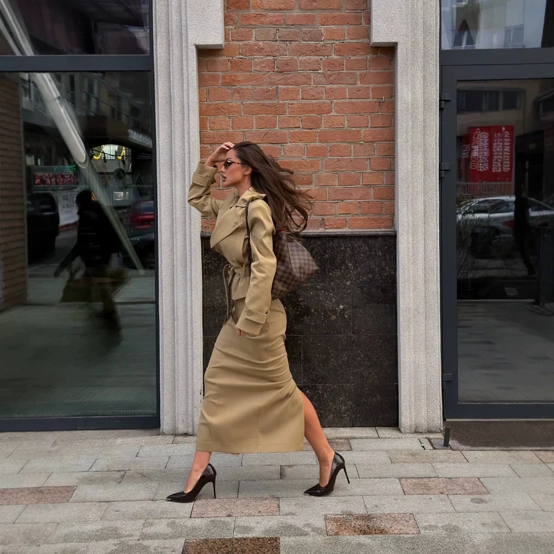Damen Taillierter Cropped‑Trench mit Schößchen und Bindegürtel Drune