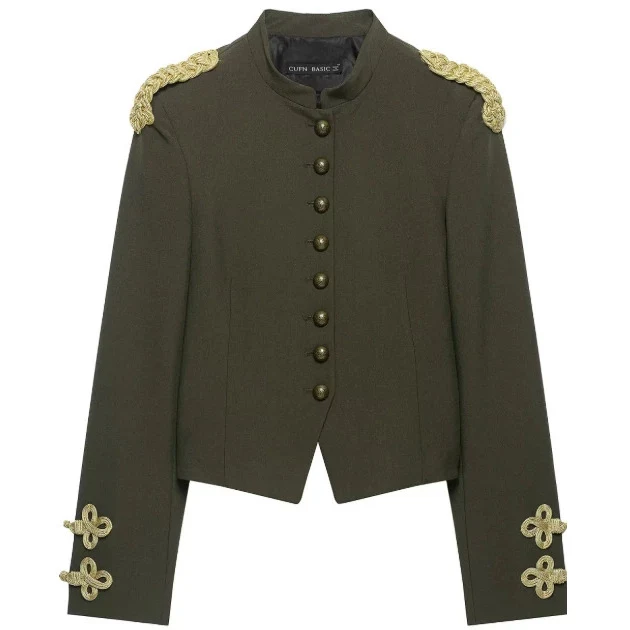 Damen Taillierter Cropped Militärblazer mit Stehkragen und goldverzierten Epauletten Drune