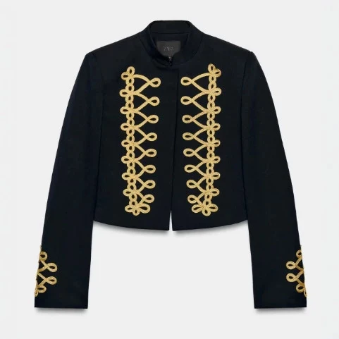 Damen Taillierter Cropped Militärblazer mit Stehkragen und goldverzierten Epauletten Drune