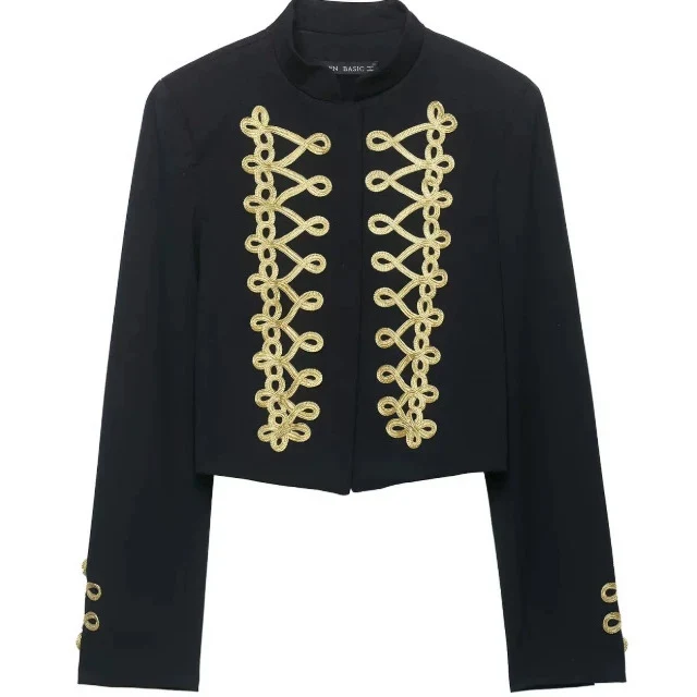 Damen Taillierter Cropped Militärblazer mit Stehkragen und goldverzierten Epauletten Drune