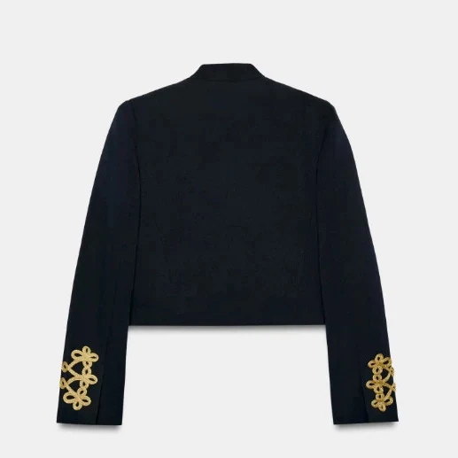 Damen Taillierter Cropped Militärblazer mit Stehkragen und goldverzierten Epauletten Drune