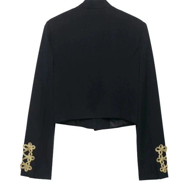 Damen Taillierter Cropped Militärblazer mit Stehkragen und goldverzierten Epauletten Drune