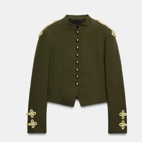 Damen Taillierter Cropped Militärblazer mit Stehkragen und goldverzierten Epauletten Drune