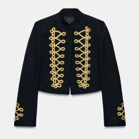 Damen Taillierter Cropped Militärblazer mit Stehkragen und goldverzierten Epauletten Drune