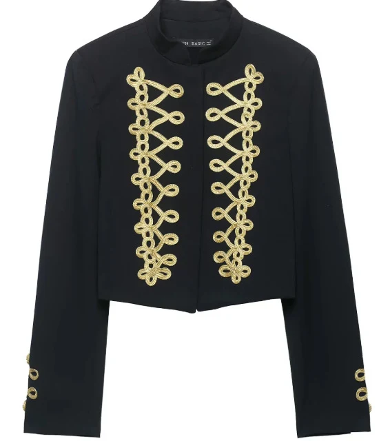 Damen Taillierter Cropped Militärblazer mit Stehkragen und goldverzierten Epauletten Drune