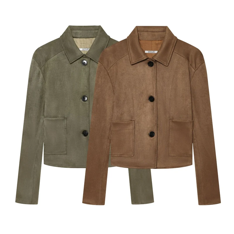 Damen Taillierter Cropped-Blouson aus Veloursimitat mit Hemdkragen und aufgesetzten Taschen Drune