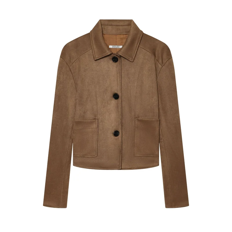 Damen Taillierter Cropped-Blouson aus Veloursimitat mit Hemdkragen und aufgesetzten Taschen Drune