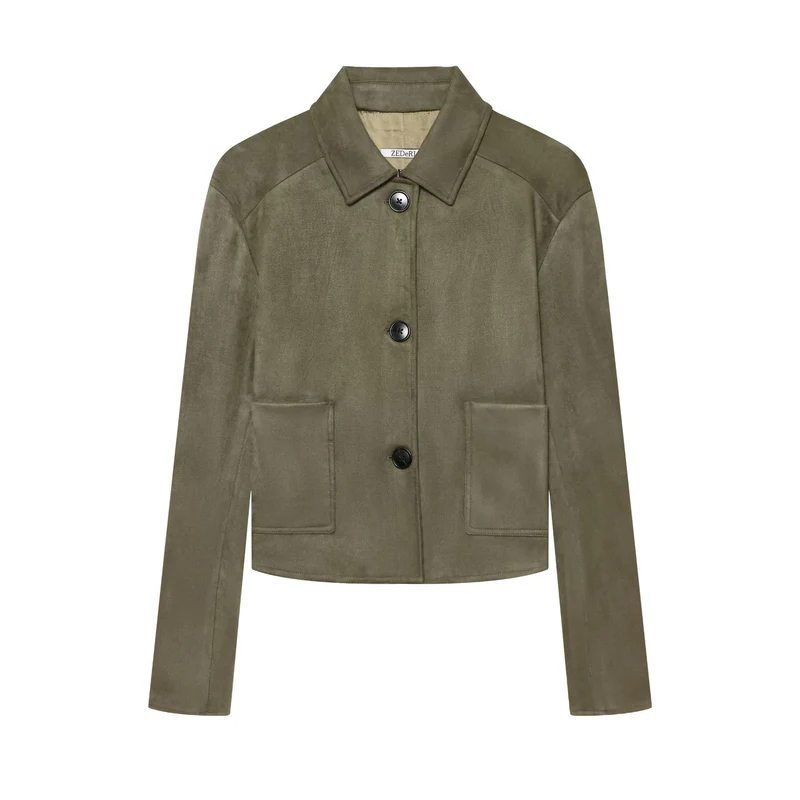 Damen Taillierter Cropped-Blouson aus Veloursimitat mit Hemdkragen und aufgesetzten Taschen Drune