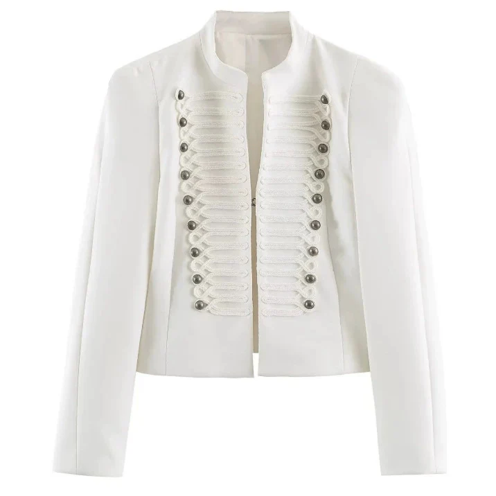 Damen Taillierter Cropped‑Blazer mit militärischer Galonverzierung und Stehkragen Drune